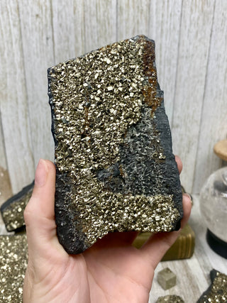 Pyrite on Shungite Raw Layered Plate | Brazil from Curious Muse Crystals Tagged with abundance, black, brazil, cleansing, gold, manifestation, purification, pyrite, shungite