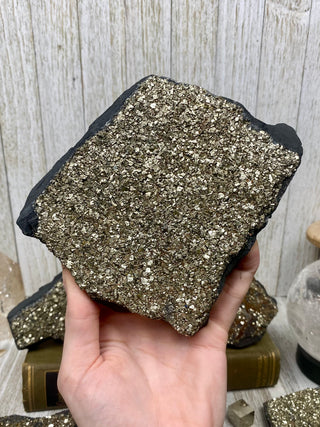 Pyrite on Shungite Raw Layered Plate | Brazil from Curious Muse Crystals Tagged with abundance, black, brazil, cleansing, gold, manifestation, purification, pyrite, shungite