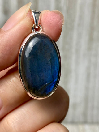 Blue Flash Labradorite in Sterling Silver Pendant from Curious Muse Crystals Tagged with big crystal necklace, blue, blue crystal jewelry, blue labradorite, crystal energy, Crystal Jewelry, full flash lab, Labradorite, Pendant, reiki healing, silver crystal jewel, Sterling, sterling silver
