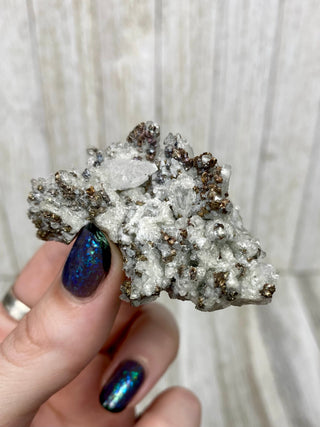 Calcite with Chalcopyrite | Cozamin Mine, Zacatecas, Mexico from Curious Muse Crystals Tagged with calcite, chalcopyrite, clear, fine mineral, gold, mexico, raw
