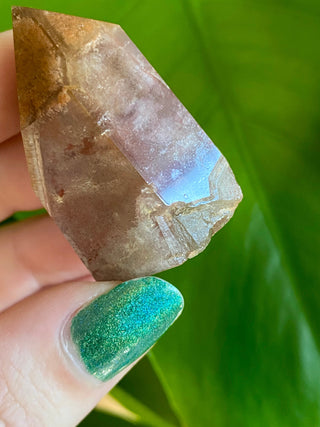Dreamcoat Lemurian Generator - Polished Brazilian Tower Crystal from Curious Muse Crystals Tagged with clear, clear brazil quartz, dreamcoat lemurian, goethite rutile, hematite amethyst, hide-notify-btn, lemurian, lemurian generator, lemurian seed, polished, purple, red, secondary growth, super seven, synergy seven, tower, yellow