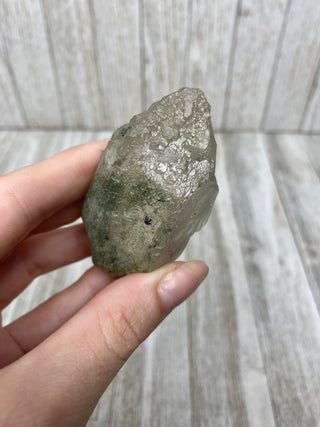 Nirvana Quartz Self Healed Double Termination with Green Chlorite | High-Altitude Himalayan Crystal from Curious Muse Crystals Tagged with chlorite inclusion, clear, green, green Quartz, hand mined crystal, hide-notify-btn, high altitude quartz, High vibration stone, Himalayan Quartz, manifesting Quartz, Nirvana Quartz