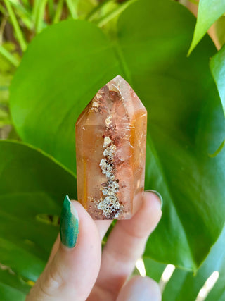 Dreamcoat Lemurian Generator - Polished Brazilian Tower Crystal from Curious Muse Crystals Tagged with clear, clear brazil quartz, dreamcoat lemurian, goethite rutile, hematite amethyst, hide-notify-btn, lemurian, lemurian generator, lemurian seed, polished, purple, red, secondary growth, super seven, synergy seven, tower, yellow