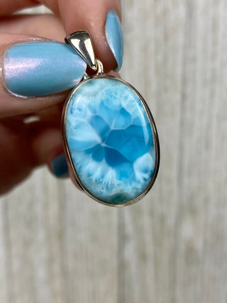 Larimar in Sterling Silver Pendant from Curious Muse Crystals Tagged with blue, crystal healing, Crystal Jewelry, energy work, hide-notify-btn, larimar, Sterling, sterling silver