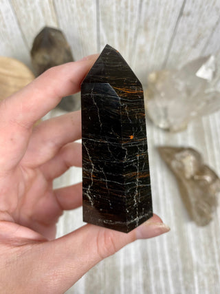Black Tourmaline Polished Tower | Six Side Wide Base Obe from Curious Muse Crystals Tagged with black, black Tourmaline, brazil, crystal, Crystal tower, protection, schorl, tourmaline, tower