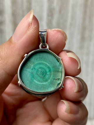 Malachite Slice in Sterling Silver Pendant from Curious Muse Crystals Tagged with copper malachite, green, hide-notify-btn, malachite, necklace, Pendant, sterling silver