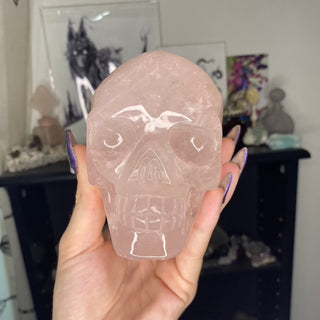 Rose Quartz Skull - Ancestor Work from Curious Muse Crystals Tagged with carving, Crystal carving, crystal energy, crystal skull, hide-notify-btn, inner child, Madagascar mineral, pink, quartz, rose quartz, self care, skull