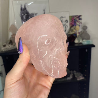 Rose Quartz Skull - Ancestor Work from Curious Muse Crystals Tagged with carving, Crystal carving, crystal energy, crystal skull, hide-notify-btn, inner child, Madagascar mineral, pink, quartz, rose quartz, self care, skull