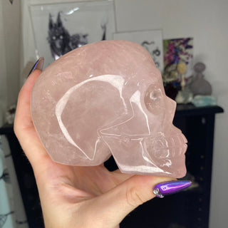 Rose Quartz Skull - Ancestor Work from Curious Muse Crystals Tagged with carving, Crystal carving, crystal energy, crystal skull, hide-notify-btn, inner child, Madagascar mineral, pink, quartz, rose quartz, self care, skull