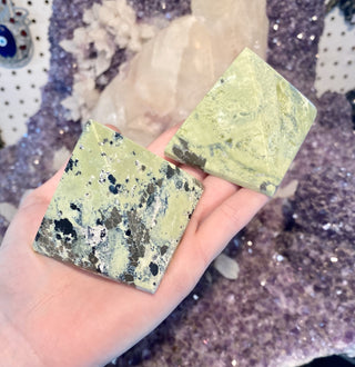 Serpentine with Pyrite Square Pyramid from Curious Muse Crystals Tagged with green, peru, pyramid, pyrite, serpentine