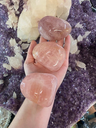 Rose Quartz XL Pebbles -Self Love, Kindness, Compassion from Curious Muse Crystals Tagged with crystal energy, hide-notify-btn, madagascar, palm stone, pink, quartz, reiki healing, rose quartz