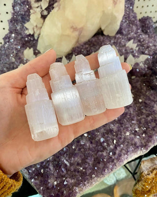 Selenite Mini Raw Tower - Cleansing from Curious Muse Crystals Tagged with aura cleansing, cleansing, cleansing crystal, cleansing wand, crown chakra, crystal healing, crystal magic, Crystal tower, energy work, genuine crystal, raw selenite, selenite, selenite wand, soothing stone, tower, white