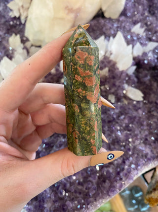 Unakite Six Sided Tower - Harmony & Alignment from Curious Muse Crystals Tagged with aura cleansing, crystal healing, crystal magic, Crystal tower, emotional balance, energy work, genuine crystal, green, harmony, heart chakra, heart healing, manifestation, pink, tower, trauma healing, unakite, Unakite stone, Unakite tower
