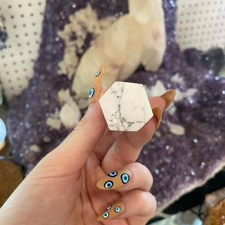 Howlite Six Sided Tower from Curious Muse Crystals Tagged with aura cleansing, black, crystal healing, crystal magic, Crystal tower, energy work, genuine crystal, howlite, Howlite tower, soothing stone, stress crystal, stress relief, tower, white, white howlite, white stone