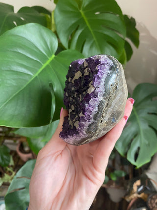 Amethyst Heart with Calcite | Uruguay from Curious Muse Crystals Tagged with amethyst, amethyst and calcite, amethyst geode heart, calcite on amethyst, carving, Crystal healing, extra dark amethyst, genuine crystal, heart, hide-notify-btn, natural mineral, purple, raw mineral, reiki crystal, uruguay
