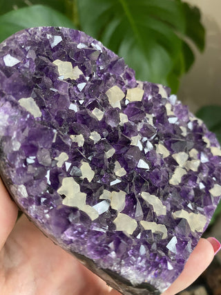 Amethyst Heart with Calcite | Uruguay from Curious Muse Crystals Tagged with amethyst, amethyst and calcite, amethyst geode heart, calcite on amethyst, carving, Crystal healing, extra dark amethyst, genuine crystal, heart, hide-notify-btn, natural mineral, purple, raw mineral, reiki crystal, uruguay