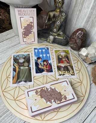 Heavenly Bloom Tarot Deck - Alternative Divination - Gilded Tarot Major Arcana Minor Arcana from U.S. Games Systems, Inc Tagged with alternative tarot, divination tool, druidic tarot, earth spirit tarot, gilded tarot, gilt edge tarot, green witch tarot, illuminated tarot, major arcana, minor arcana, tarot, tarot deck, throat chakra, with guidebook