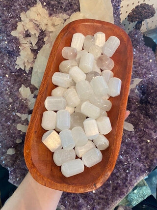 Selenite Tumbled Stone - Satin Spar Cleansing Stone from Curious Muse Crystals Tagged with aura cleansing, beginner crystal, cleansing, cleansing crystal, clear, crown chakra, crystal healing, crystal magic, energy work, genuine crystal, hand crystal, palm stone, selenite, soothing stone, tumbled stone, white