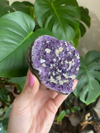 Amethyst Heart with Calcite | Uruguay from Curious Muse Crystals Tagged with amethyst, amethyst and calcite, amethyst geode heart, calcite on amethyst, carving, Crystal healing, extra dark amethyst, genuine crystal, heart, hide-notify-btn, natural mineral, purple, raw mineral, reiki crystal, uruguay