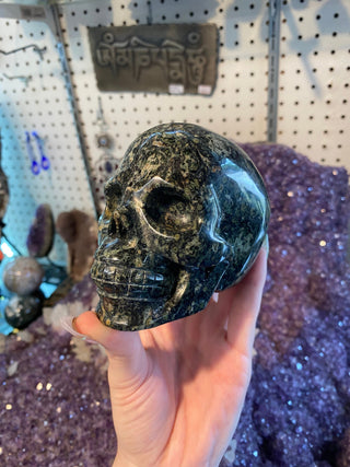 Kambaba Jasper Skull - Fossil Algae - Ancestor Work from Curious Muse Crystals Tagged with black, carving, Crystal healing, fossil, genuine crystal, green, hide-notify-btn, jasper, Kambaba jasper, natural mineral, raw mineral, reiki crystal, skull