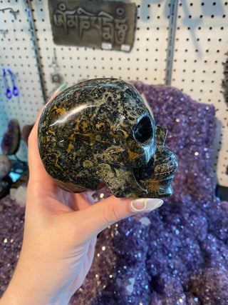 Kambaba Jasper Skull - Fossil Algae - Ancestor Work from Curious Muse Crystals Tagged with black, carving, Crystal healing, fossil, genuine crystal, green, hide-notify-btn, jasper, Kambaba jasper, natural mineral, raw mineral, reiki crystal, skull