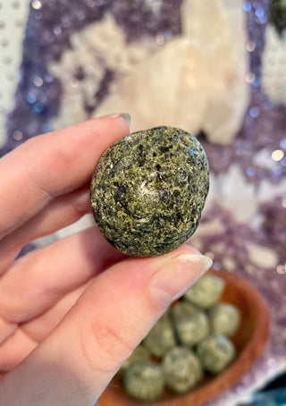 Epidote Tumbled Stone - Abundance & Synchronicity from Curious Muse Crystals Tagged with Crystal healing, dark green stone, epidote, genuine crystal, green, hearth chakra, manifestation, mineral collection, natural mineral, peru, Peruvian Epidote, reiki healing, synchronicity, tumbled stone