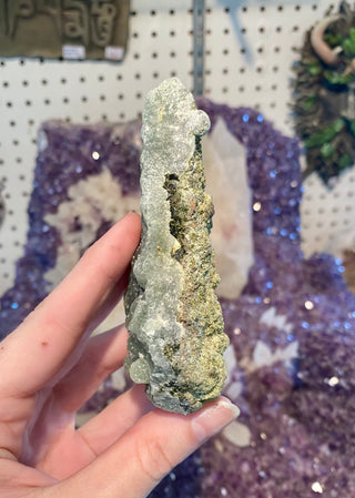Prehnite with Epidote Raw Cluster from Curious Muse Crystals Tagged with botyroidal prehnite, epidote, green, green sparkly stone, hide-notify-btn, high vibration, manifestation spell, meditation tool, mineral collection, prehnite, prehnite from mali, prosperity stone, rare mineral, raw crystal, raw mineral, raw prehnite, reiki healing