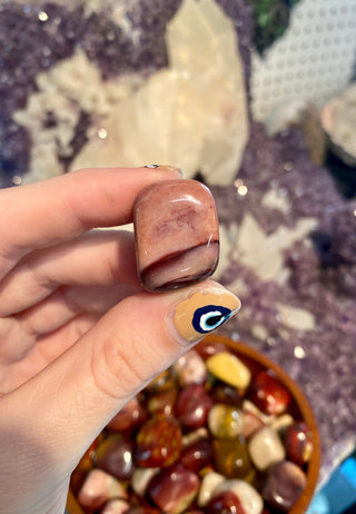 Mookaite Tumbled Stone - Australian Jasper from Curious Muse Crystals Tagged with Crystal healing, genuine crystal, heart stone, high vibrational, January birthstone, jasper, mineral specimen, mookaite, purple, red, reiki work, tumbled stone, yellow