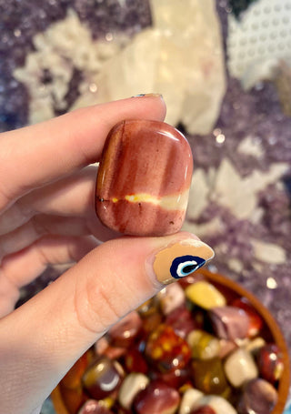 Mookaite Tumbled Stone - Australian Jasper from Curious Muse Crystals Tagged with Crystal healing, genuine crystal, heart stone, high vibrational, January birthstone, jasper, mineral specimen, mookaite, purple, red, reiki work, tumbled stone, yellow