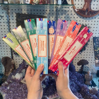 Satya Nag Champa Incense - Hand Made Indian Incense from Shrinivas Sugandhalaya Tagged with burnables, Ceremony incense, good stick incense, hand made incense, hand rolled incense, Resin incense, Ritual incense, satya incense sticks, Satya Sai Baba, Shrinivas, Smoke cleansing