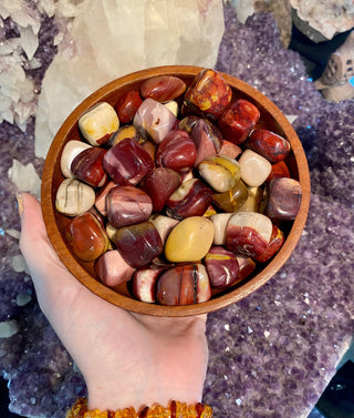 Mookaite Tumbled Stone - Australian Jasper from Curious Muse Crystals Tagged with Crystal healing, genuine crystal, heart stone, high vibrational, January birthstone, jasper, mineral specimen, mookaite, purple, red, reiki work, tumbled stone, yellow