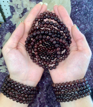 Garnet 8mm Round Bead Crystal Gemstone Bracelet from Curious Muse Crystals Tagged with 8mm bead bracelet, bracelet, garnet, garnet bracelet, gemstone jewelry, genuine crystal, natural garnet, passion stone, red, red garnet, red gemstone, round bead jewelry, stretch bracelet
