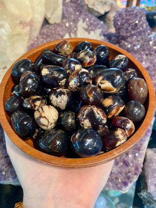 Zebra Amber Tumbled Stone - Balance & Clarity from Curious Muse Crystals Tagged with amber, amber and calcite, brown, Crystal healing, fossilized amber, genuine crystal, hide-notify-btn, high vibrational, mineral specimen, pain relief, real amber, reiki work, tumbled stone, uv reactive, zebra amber