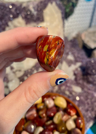 Mookaite Tumbled Stone - Australian Jasper from Curious Muse Crystals Tagged with Crystal healing, genuine crystal, heart stone, high vibrational, January birthstone, jasper, mineral specimen, mookaite, purple, red, reiki work, tumbled stone, yellow