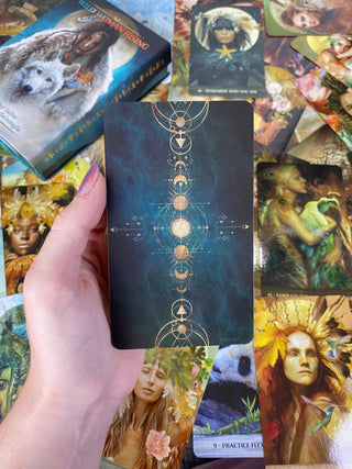 Wild Woman Rising Oracle Deck - Alternative Divination - Gilded Oracle Cards from Blue Angel Inc Tagged with alternative tarot, animal guide oracle, animal oracle, deck, divination tool, female oracle deck, gilded edge, gilt edge tarot card, gold foil, illuminated tarot, oracle, self love oracle, throat chakra, wild woman rising, with guidebook