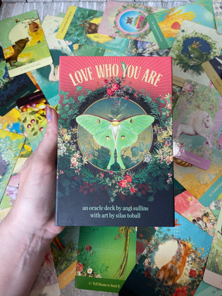 Love Who You Are Oracle Deck - Alternative Divination - Gilded Oracle Cards from Blue Angel Inc Tagged with alternative tarot, animal oracle, botanical divination, deck, divination tool, gilded edge, gilt edge tarot card, gold foil, illuminated tarot, love who you are, oracle, self love oracle, throat chakra, with guidebook