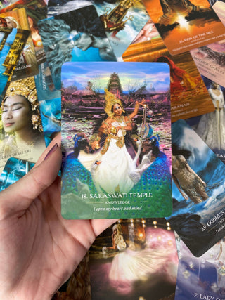 Water Temple Oracle Deck - Alternative Divination from Blue Angel Inc Tagged with alternative tarot, anuket oracle, aphrodite, deck, divination tool, mother ganges, oracle, Oracle deck, sacred knowledge, throat chakra, water element magic, water energy, water goddess, water temple oracle, with guidebook