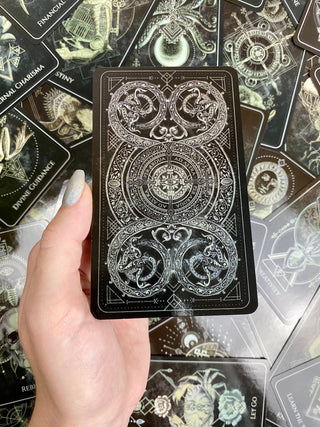 Talisman Oracle Deck - Sigil & Sacred Geometry Divination - Black Gilded Edge Cards from Curious Muse Crystals Tagged with alternative tarot, black and gold cards, dark animal oracle, dark style tarot, divination tool, gilded tarot, oracle card deck, sacred geometry, sigil making kit, talisman oracle, talisman sigils, with guidebook