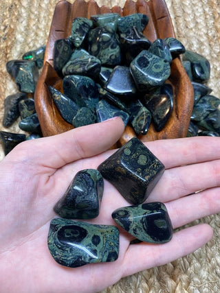 Kambaba Jasper Tumbled Stone from Curious Muse Crystals Tagged with black, fossil algae, genuine crystal, green, green jasper, grounding crystal, heart chakra, Kambaba jasper, money stone, stability stone, tumbled stone, tumbled stone green