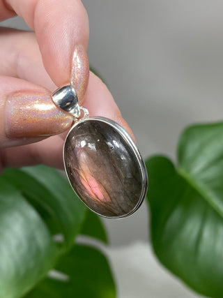Pink Flash Labradorite in Sterling Silver Pendant - PL5 from Curious Muse Crystals Tagged with big crystal necklace, crystal energy, Crystal Jewelry, full flash lab, hide-notify-btn, Labradorite, peachy labradorite, pink purple lab, psychic protection, reiki healing, silver crystal jewel, sterling silver, witchy jewelry