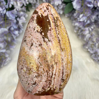 Pink Yellow Ocean Jasper Bloop - Pastel Orbicular Jasper Freeform from Curious Muse Crystals Tagged with Crystal healing, drusy pocket, hide-notify-btn, jasper, Madagascar mineral, mineral collection, natural mineral, ocean jasper, orange, Orbicular jasper, peace and calming, pink, reiki healing, yellow