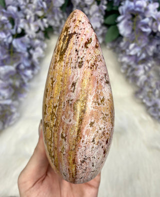 Pink Yellow Ocean Jasper Bloop - Pastel Orbicular Jasper Freeform from Curious Muse Crystals Tagged with Crystal healing, drusy pocket, hide-notify-btn, jasper, Madagascar mineral, mineral collection, natural mineral, ocean jasper, orange, Orbicular jasper, peace and calming, pink, reiki healing, yellow