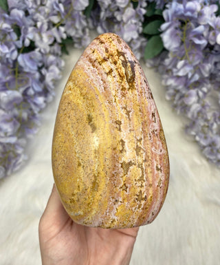 Pink Yellow Ocean Jasper Bloop - Pastel Orbicular Jasper Freeform from Curious Muse Crystals Tagged with Crystal healing, drusy pocket, hide-notify-btn, jasper, Madagascar mineral, mineral collection, natural mineral, ocean jasper, orange, Orbicular jasper, peace and calming, pink, reiki healing, yellow