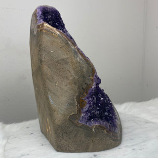 Deep Purple Amethyst with Calcite | Cut Base Geode from Uruguay from Curious Muse Crystals Tagged with aaa grade crystal, amethyst, Amethyst Cluster, calcite on amethyst, cut base amethyst, emotional balance, extra dark amethyst, goethite amethyst, high grade, high vibrational, purple, spiritual protection, third eye, unique amethyst, Uruguay geode