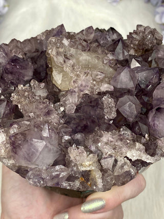 Amethyst with Calcite and Goethite | Brazil from Curious Muse Crystals Tagged with aaa grade crystal, amethyst, Amethyst Cluster, calcite on amethyst, cut base amethyst, emotional balance, extra dark amethyst, fine mineral, goethite amethyst, high grade, high vibrational, purple, raw mineral, spiritual protection, third eye, unique amethyst, Uruguay geode