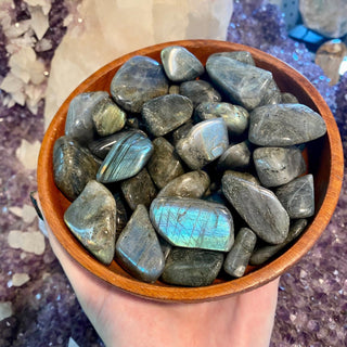 Flashy Labradorite Tumbled Stone from Curious Muse Crystals Tagged with aaa grade lab, blue green flash, Crystal Healing, crystal healing tool, flashy labradorite, full flash lab, madagascar lab, meditation tool, psychic protection, reiki healing, tumbled stone