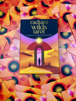Radiant Wilds Tarot Deck - Desert Dreamscapes - Surrealism Art Divination from Curious Muse Crystals Tagged with alternative tarot, darker art style, desert dream oracle, divination tool, feminine tarot, liminal space tarot, major arcana, minor arcana, surrealism tarot, tarot deck, throat chakra, with guidebook