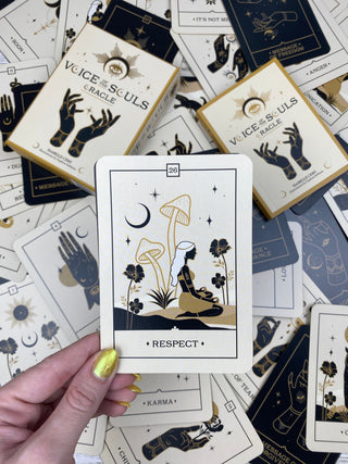 Voice of the Souls Oracle: from Curious Muse Crystals Tagged with alternative tarot, art nouveau, divination tool, ethereal visions, gilded tarot, gold foil, illuminated tarot, major arcana, minor arcana, pastel tarot, tarot deck, throat chakra, with guidebook