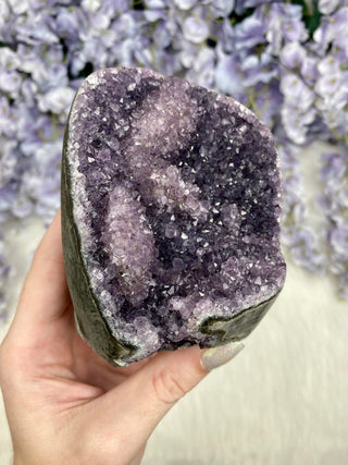 Amethyst over Calcite | Unique Formation | Cut Base Geode from Brazil from Curious Muse Crystals Tagged with aaa grade crystal, amethyst, Amethyst Cluster, amethyst on calcite, Brazilian amethyst, cut base amethyst, emotional balance, goethite amethyst, high grade, high vibrational, purple, spiritual protection, third eye, unique amethyst