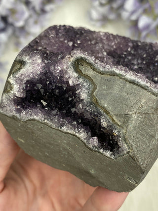Amethyst over Calcite | Unique Formation | Cut Base Geode from Brazil from Curious Muse Crystals Tagged with aaa grade crystal, amethyst, Amethyst Cluster, amethyst on calcite, Brazilian amethyst, cut base amethyst, emotional balance, goethite amethyst, high grade, high vibrational, purple, spiritual protection, third eye, unique amethyst